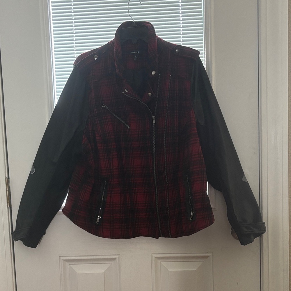 Torrid Red and Black Bomber Jacket with Plaid Design